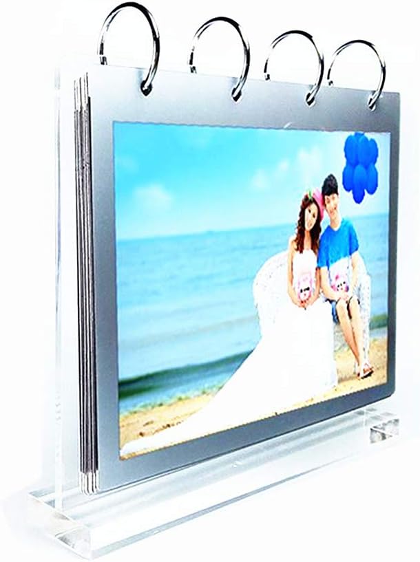 Leoyoubei Flip Photo Album,Clear Acrylic Sided Frames Display Holder Type T with Horizontal Display,Tabletop Album Menu Holders, Silver PVC Folder 7 Shows 14 Photos 6x8 Inch On Stand