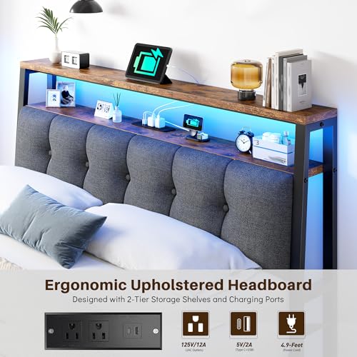 Image of Homkdom Full Bed Frame,Upholstered Storage Headboard,Charging Station,Brown | LED Linghts, 12 inch Under-Bed Storage,2AC Outlets&1USB-C&1USB-A,Noise-Free,Quick Assembly,Supports up to 900 lbs
