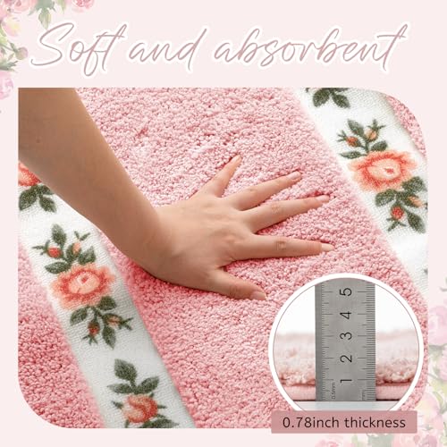Drydiet 3 Pcs Rose Flowers Bathroom Rugs Set Coquette Room Decor Floral Carpet for Bathroom Bedroom Living Room, Floral Bath Mat Non Skid Romantic Rose Flower Area Rugs 3 Shapes (Pink,Large) by Drydiet - Image 3