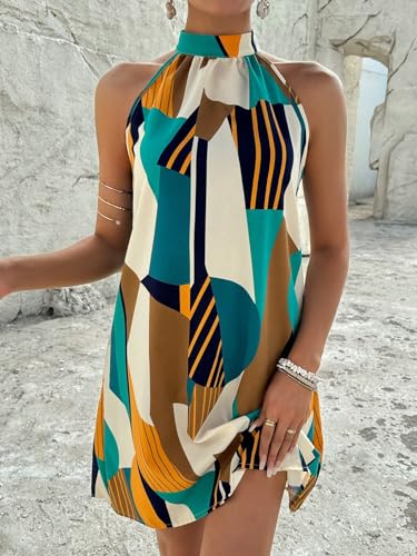 Image of Floerns Women's Geo Print Halter A Line Dress Sleeveless Vacation Short Dresses