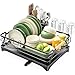 Epicano Dish Drying Rack for Kitchen Counter,Space-Saving Dish Rack,Rustproof Dish Drainer with Utensil Holder and Knife Slots for Sink,Kitchen Drying Rack with Wooden Handle and Cup Holder, Black