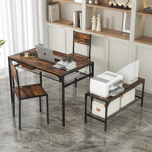 Image of Giantex Dining Table Set for 4, Kitchen Table with Chairs & Bench, Storage Racks, Metal Frame, 4-Piece Space-Saving Dinette Set for Dining Room, Breakfast Nook, Small Space, Apartment,Rustic Brown