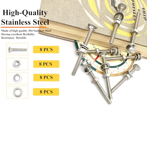 Image of 8 Sets 1 /4 inch-20 x3 Carriage Bolts Round Head Square Neck Screws with Hex Nuts Flat Washers Spring Lock Washers 304 Stainless Steel Full Thread Coverage Square Neck Bolts Assortment Kit