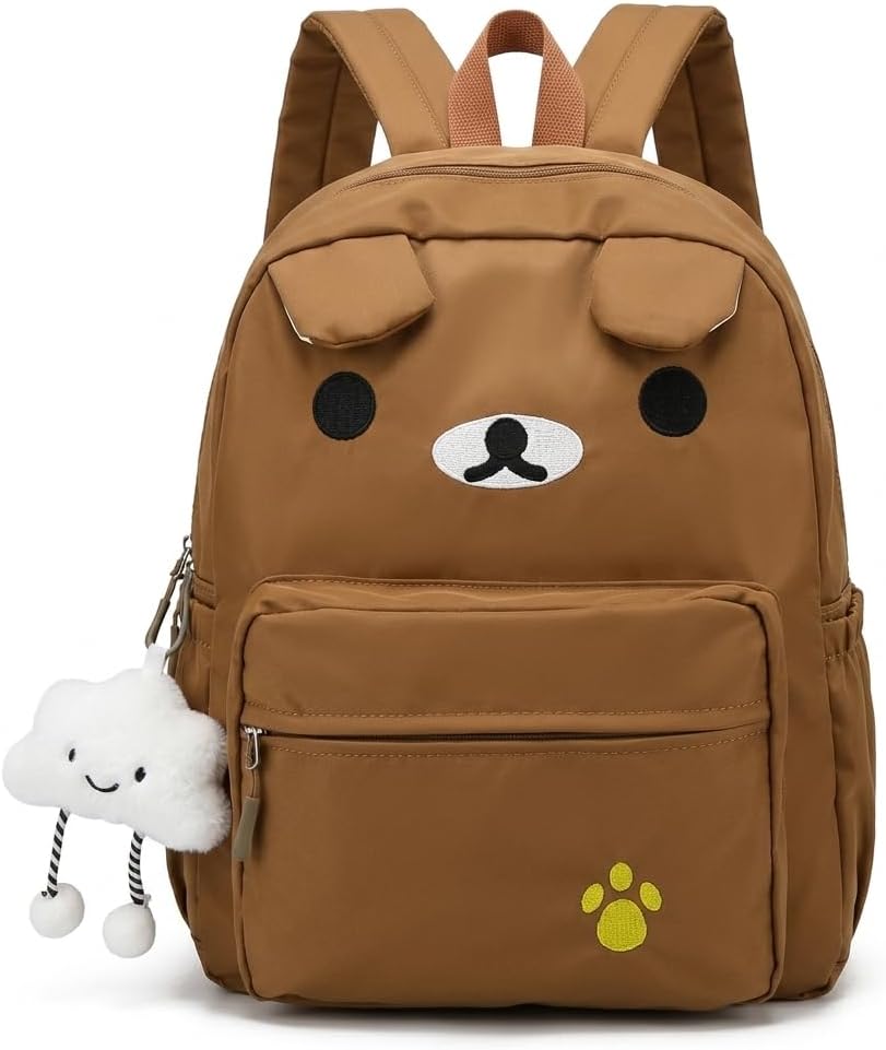 Cute Bear Backpack for Women Nylon Cartoon Kawaii Daily Bag Lightweight Travel Daypack with Soft Cloud Pendant (Brown)