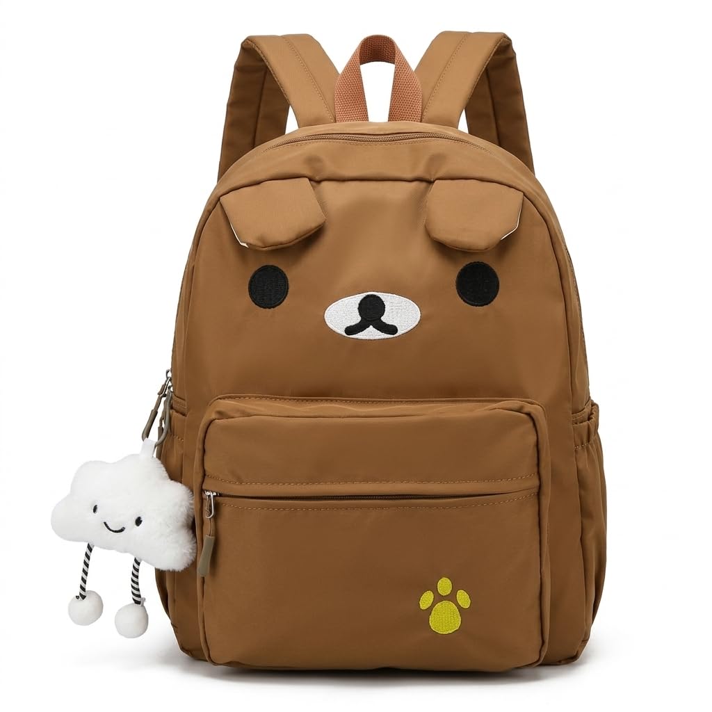 Cute Bear Backpack for Women Nylon Cartoon Kawaii Daily Bag Lightweight Travel Daypack with Soft Cloud Pendant (Brown)