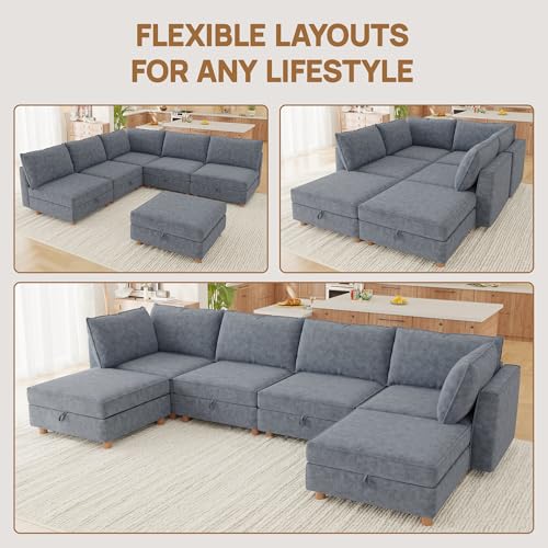 Image of 99 inch Modular Sectional Sleeper Sofa Bed with Storage & Washable Covers, 6-Seater Chenille Modular Sofa Bed with Movable Ottoman Chaise, Convertible Sleeper Sectional Couches for Living Room, Gray