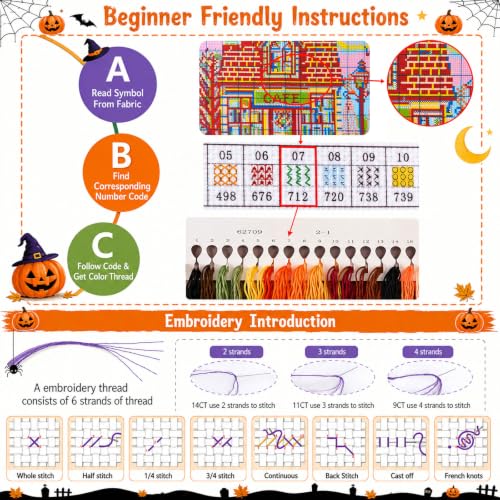 Image of Halloween Cross Stitch Stamped Kits for Adults Beginners, Horror Embroidery | Halloween House Embroidery Kits, Full Line DIY Stitching Kit, 11 CT Needlepoint Patterns for Home Decor 15x15 Inch