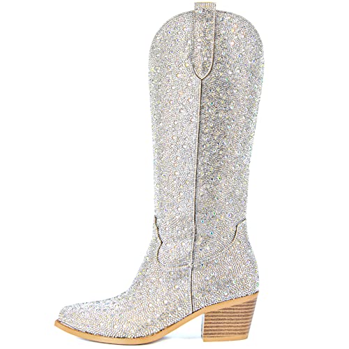 SOVANYOU Women's Rhinestone Cowboy Boots Pointed Almond Toe Block Heel Sparkly Cowgirl Boots2