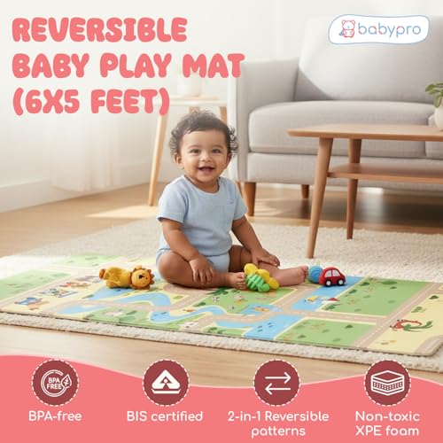 Image of BabyPro 5mm Reversible Baby Playmat, 6 x 5 ft Foldable Mat, Play Trails | Waterproof, BPA-Free XPE Foam, Non-Toxic Bounce-Back Cushion, XL