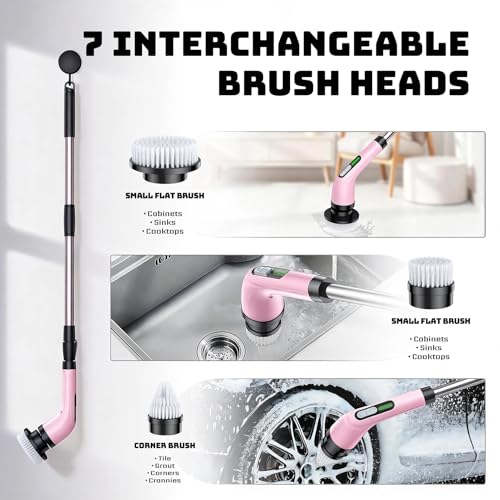 Image of Highyes Electric Spin Scrubber for Cleaning Bathroom: Cordless Power Shower Scrubber - Electric Cleaning Brush for Tile Tub - Pink
