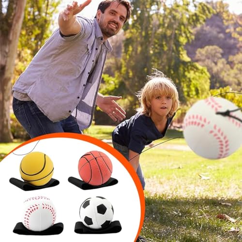 SHSHbuy 4 Stück Springball mit Schnur,Ø 6cm Handgelenk Return Ball,Springball Returnball Flummi Armband Sport Spielzeug für Kinder Erwachsene,Fußball/Basketball/Tennisball/Baseball