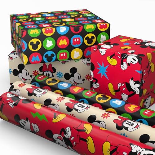 Hallmark Disney Mickey Mouse Wrapping Paper Mini Rolls 3-Pack (Mickey Minnie Mouse Ears Red and Black) for Birthdays Graduations Celebrations Any Occasion - 45 Sq. Ft. Total