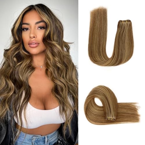 Sew in Hair Extensions Real Human Hair, 110g 18 inch Medium Brown Highlight Honey Blonde Weft Hair Extensions Remy Straight Weave Bundles