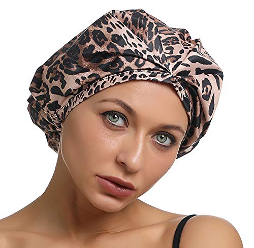 SENGTERM Shower Cap for Women,Reusable Luxury Hair Cap Bath Hats Waterproof Hair Cover Large Shower cap Bonnet for Natural,Long Hair (ADULT, leopard)