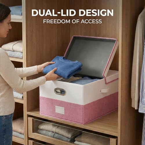 Image of PRANDOM Storage Bins with Lids [3-Pack] Linen Fabric Foldable Storage Boxes Organizer Containers Baskets Cube with Cover for Bedroom Closet Office White&Pink (23.4X15.9X11.4)