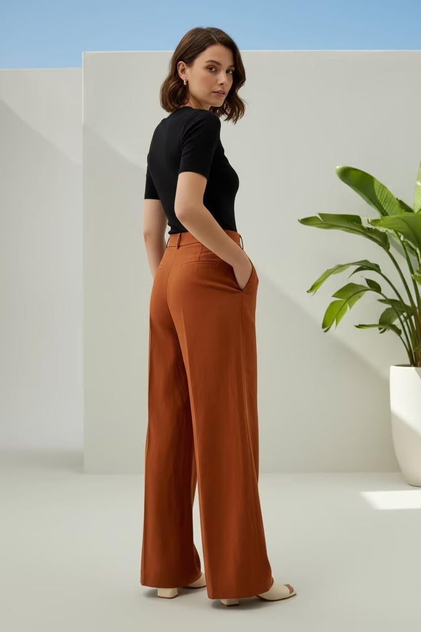 Linen Pants Women Wide Leg Pants Women Dressy Casual High Waisted Summer Beach Trousers with Pockets - Image 3