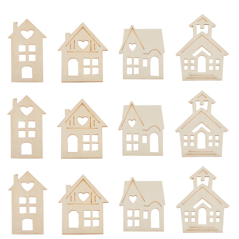 GORGECRAFT 24 Pieza 2 tamaños de Adornos de Madera de Navidad Sin Terminar con Forma de Casa Rebanadas de Árbol para Colgar En el Hogar Adornos de Madera para Manualidades Adornos de Navidad Bodas