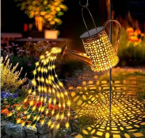 Solar Watering Can Garden Light with Waterfall LED String Lights, Decorative Outdoor Stake Light, Auto Charging
