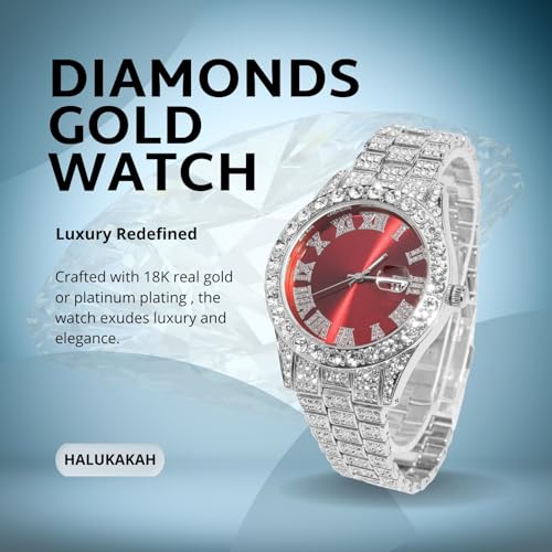 Image of Halukakah Diamonds Gold Watch Iced Out for Boy Teens Kids - 18K Real Gold /Platinum Plated,42mm Blue /Green /Red Dial,Japanese Quartz - 8 inch Length - Optional with Cuban Link Chain,with Watch Adjuster Tool