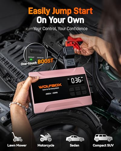 Image of WOLFBOX 2000A Jump Starter with Air Compressor, 37Wh Car Battery Booster Jumper Starter Portable(up to 5L Gas Engine), 12V Jump Box Pack with 150PSI Tire Inflator, Jumper Cables, LED Light - Rose Gold