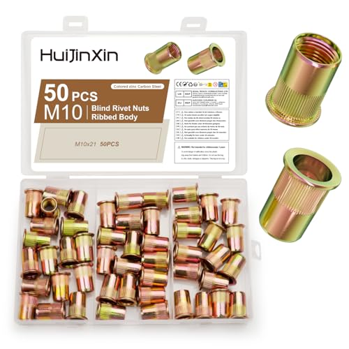 50 Pcs Insert Fileté Metal, Ecrou a Sertir, M10 Écrous à Sertir Rivet Fileté, Écrou de Rivet a Tête Plate en Acier Carbone, Manchons Écrous d'Insertion Filetés pour Tôles, Bois, électricité