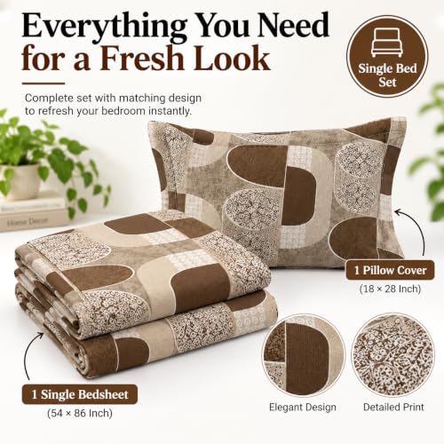 Image of Cottington Lane Cotton Single Bedsheet 68x90 Inch, Cocoa Geometry