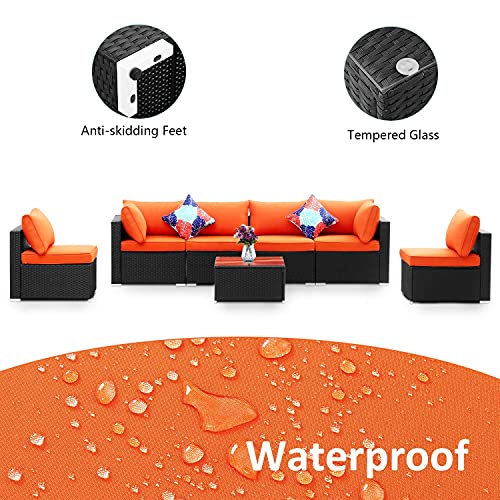 Wonlink 7 Pieces Outdoor Furniture Set, PE Rattan Wicker Sofa Sets, All Weather Sectional Patio Furniture Conversation Sets with Tea Table and Cushions (7pcs, Orange) - Thumbnail 5