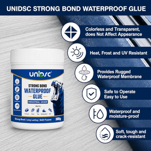 Image of UNIDSC Strong Bond Transparent Waterproof Glue with Brush | Self-Leveling Formula | Dries Crystal Clear with Brush-Mark-Free Glossy Finish | Sealant for Roof, Wall Cracks, Bathroom & Tiles 300 GM