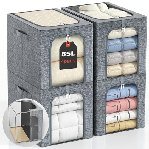 Image of GoMaihe Clothes Storage Bins Metal Frame: 55L Extra Large Stackable Closet Storage Organizer with Lid & Clear Window, Heavy Duty Blanket Boxes for Winter Coats Comforters (Fits Deep Closet 4-Pack)
