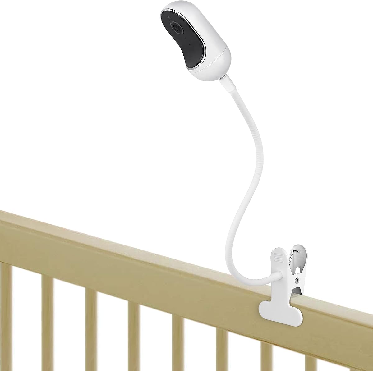 Soporte de clip flexible compatible con Owlet, Motorola y otras cámaras para monitores de bebés con orificio roscado de 1/4 sin herramientas ni daños en la pared - Blanco