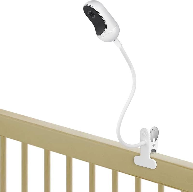 Soporte de clip flexible compatible con Owlet, Motorola y otras cámaras para monitores de bebés con orificio roscado de 1/4 sin herramientas ni daños en la pared - Blanco