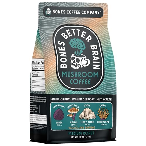 Bones Coffee Company Better Brain Mushroom Coffee - Medium Roast Low Acid Arabica Beans - Ground Coffee - Reishi, Chaga, Lion's Mane, Cordyceps Mushroom Blend - 10 Oz