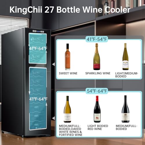 Image of KingChii 27 Bottle Wine Cooler Refrigerator - Dual Zone Wine Fridge with Intelligent Digital Control, Low Noise Operation, Freestanding Wine Refrigerator for Home and Kitchen, Black
