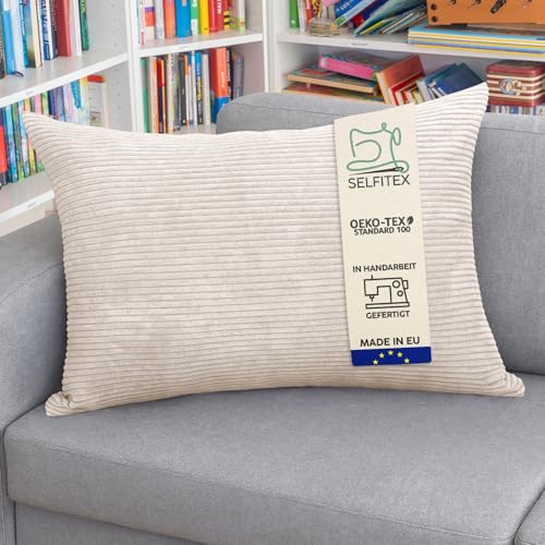 Selfitex XXL Breitcord Sofakissen 60x80 cm, Couchkissen mit F&uuml;llung und Bezug, edler Cord Stoff, extra weich und dekorativ, modische Breit Cord Optik, superweiche Kissen, Moderne Farben (Beige)