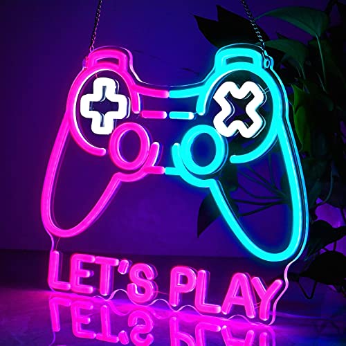 Image of Lingqiang Gaming Neon Sign, Lets Play Game Led Sign for Boys Gamer Room Decor, Video Game Controller Light Game Zone Bedroom Wall Gamepad Shape Kids Teen Gift, Ice Blue Pink - Game Controller