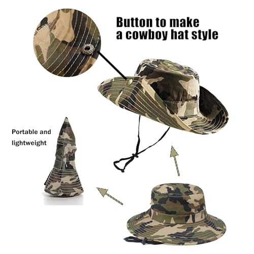 Cotton Camo Sun Hats for Kids, Quick-Dry Wide-Brim Sun-Protection Safari Fishing Toddler Bucket Hat, Army-Green 2-14Y4