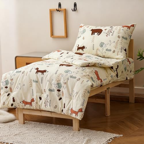 Image of Wellboo Yellow Bear Toddler Bedding Sets for Girls Boys Cute Cartoon 4 Pieces Soft Crib Bed Set Including Comforter, Sheets and Pillowcase Child Fox Theme Woodland Forest Quilt