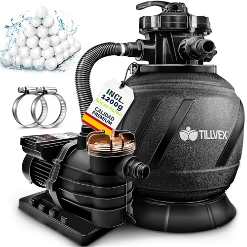 tillvex Depuradora de Agua para Piscina con temporizador 13.200L/h hasta 40.000L + 1200g Bolas de Filtro - 7 Funciones de Filtrado & Adaptador 2en1 Ø32-38 mm - Bomba de Filtro de Arena con Válvula