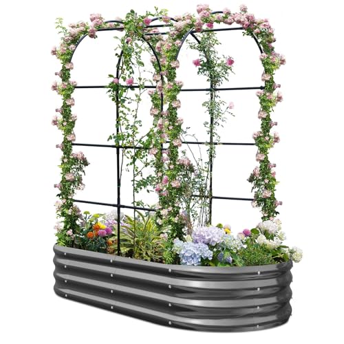 KING BIRD Raised Garden Bed with Arched Trellis Galvanized Planter Garden Box Outdoor for Gardening, Climbing Vegetables, Flowers, Dark Grey, 5.9x2.95