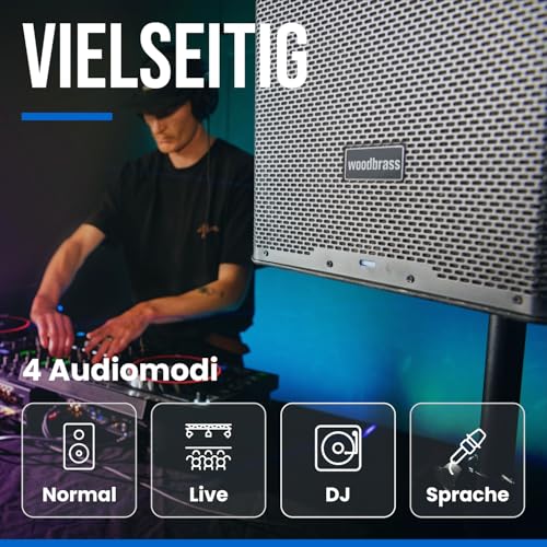 WOODBRASS DXPRO 15 Aktiv-Lautsprecher, verstärkt, leistungsstark, Bluetooth, 38,1 cm (15 Zoll) – Klasse D 125 dB – robust, tragbar, 3 Eingänge, kabellos, DSP – DJ, Konferenz, Konzert
