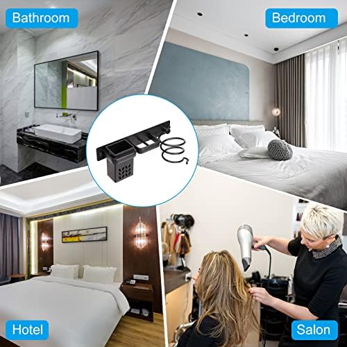 YUET Hair Dryer Holder,Hairdryer Station Accessories Organiser Wall Mounted Shelf Bracket Stand Hanger Straightener Blow Storage with Holes Rack Plug Hook For Bathroom Aluminum Black (A)