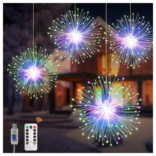 Luces navideñas,paquete de 4 luces colgantes USB con efecto de fuegos artificiales,480 piezas LED 8 modos,luces impermeables con cable de cobre,adecuadas para la decoración navideña exterior (Color)