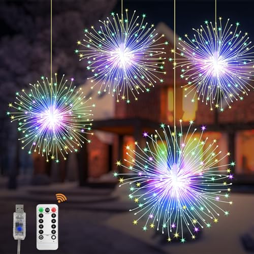 Luces navideñas,paquete de 4 luces colgantes USB con efecto de fuegos artificiales,480 piezas LED 8 modos,luces impermeables con cable de cobre,adecuadas para la decoración navideña exterior (Color)