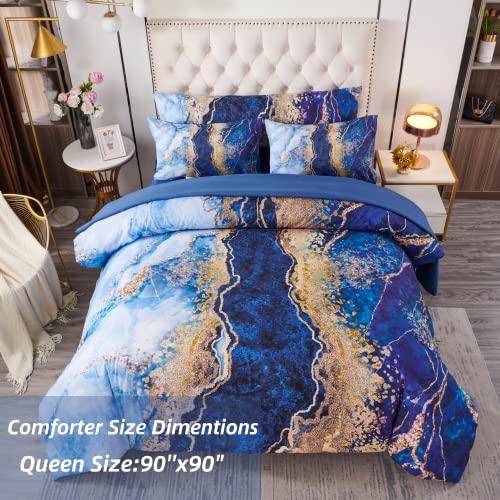 Perfemet 6 Pcs Bed-In-A-Bag Blue Watercolor Marble Printed Queen Size Comforter Set With Matched Bed Sheets, Colorful Retro Artwork Style Bed Collections,Soft And Lightweight Quilt Set(Blue,Queen) #TOP3