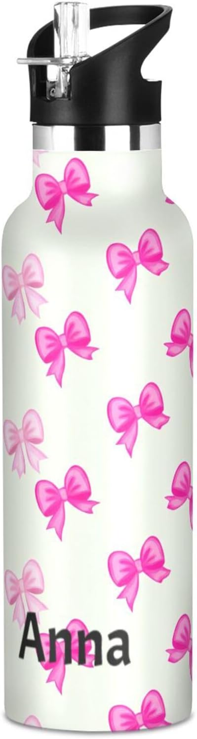 Personalized Custom Name Water Bottle for Kids with Straw Leakproof Insulated Water Bottle 20oz, BPA-Free, Pink Bows Pastel