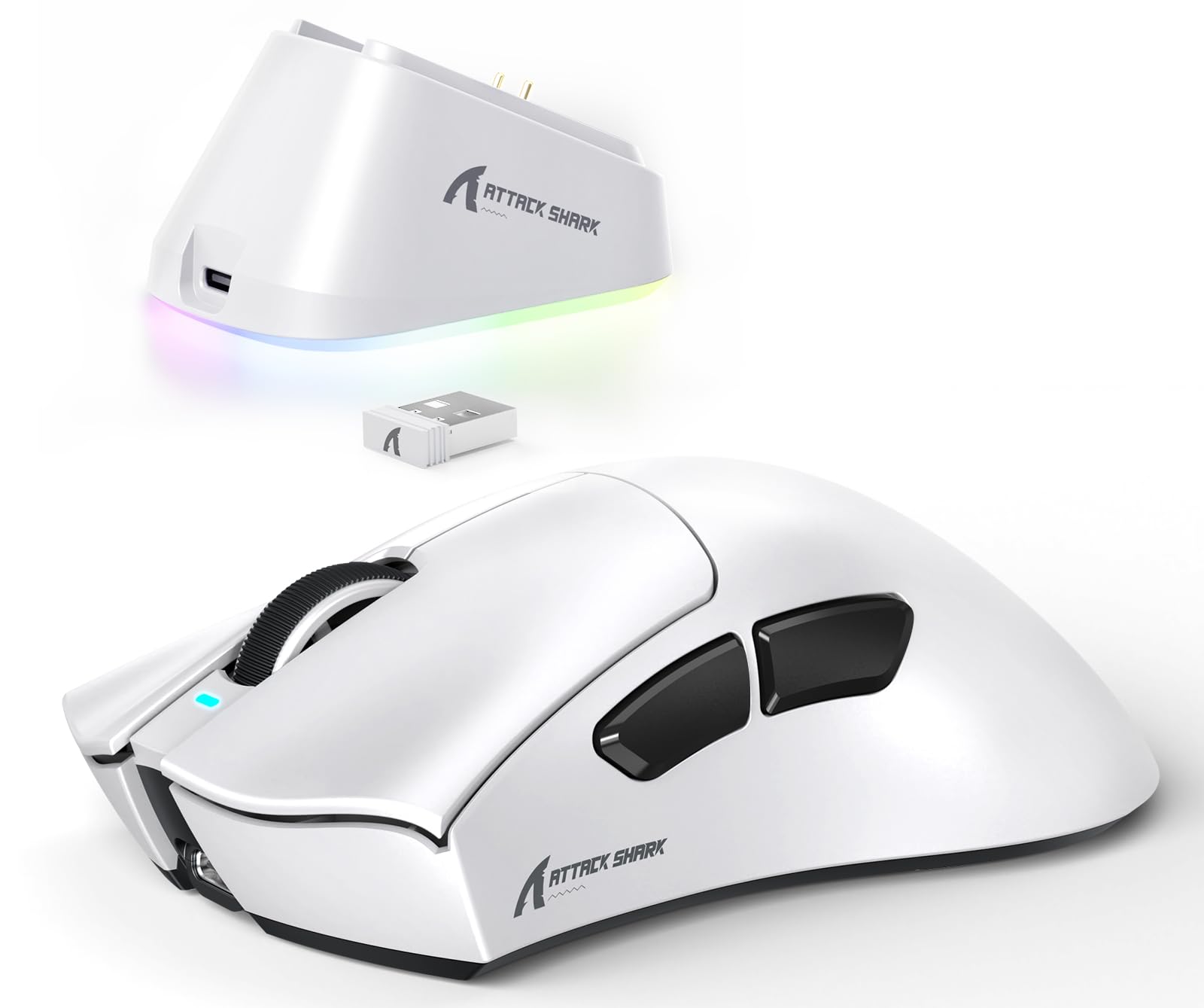 ATTACK SHARK V3PRO Ratón Gaming Inalámbrico con Base Carga Magnética, PixArt PAW3311, hasta 25000 dpi, BT/2.4GHz/Alámbrico, 100M Clics, 500mAh, 65g Ultra-Ligero para Win11/Xbox/PS/Mac - Blanco