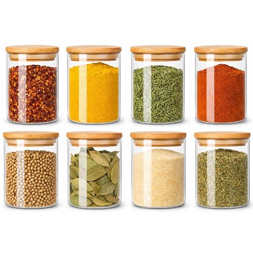 Kit 08 Potes Herméticos de Mantimentos 200ml Pote Redondo de Vidro com Tampa De Bambu Premium