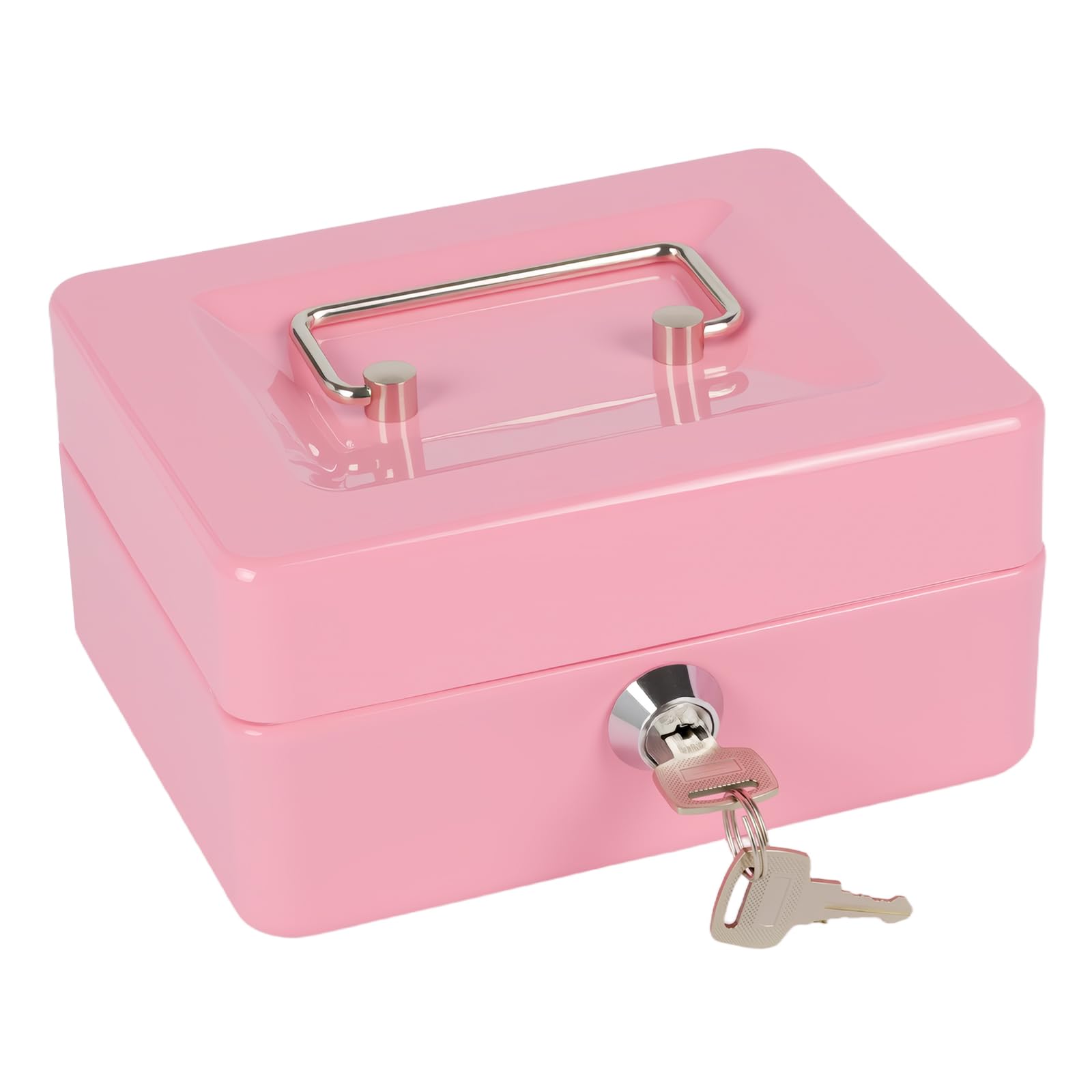 Money Tin Box with Key, Portable Cash Box with Coin Tray, Small Cash Tin for Home, Office and Events (Pink-small)