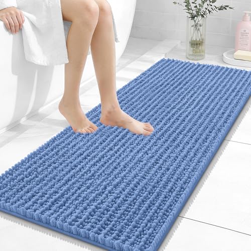 Image of OLANLY Long Bathroom Rugs Runner 47x20, Thick Soft and Absorbent Chenille Bath Mat, Non-Slip, Machine Washable Quick Dry Bath Rugs for Tub Shower Floor, Home Decor Accessories, Cornflower Blue