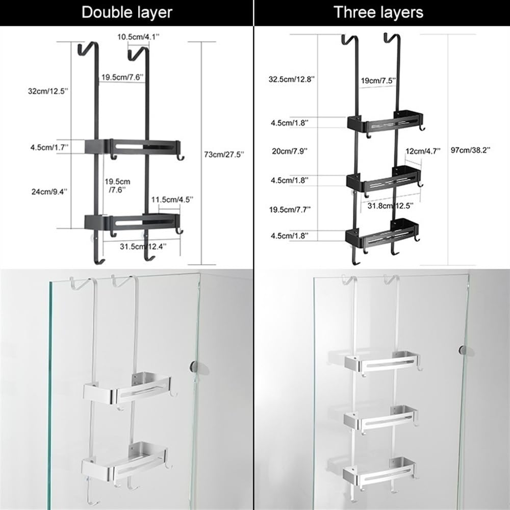 Portaoggetti Doccia Portaoggetti sopra la porta della doccia, organizer da appendere alla doccia con 2 ripiani e ganci, mensola for doccia senza fori for il bagno, nero/argento Mensole Bagno(Nero)